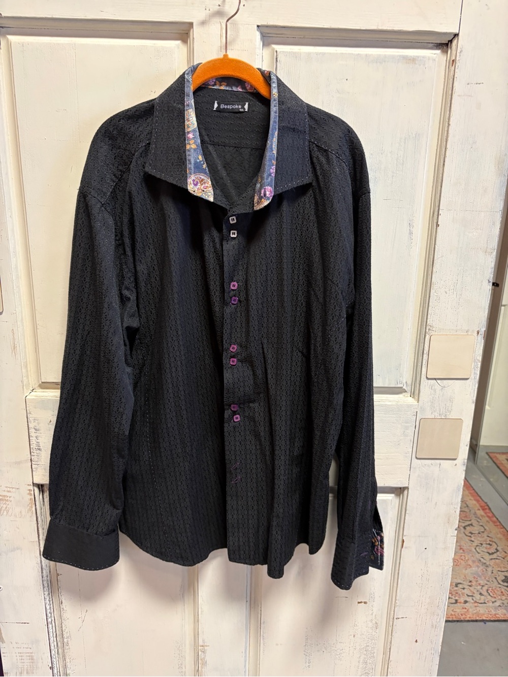 Bespoke Black Men's Long-Sleeve Button-Up Shirt with Floral Trim